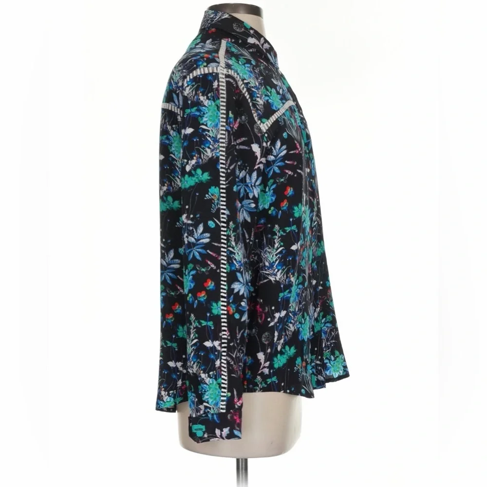 The Kooples Silk Black Floral Blouse with Teal, Blue & Pink Accents
